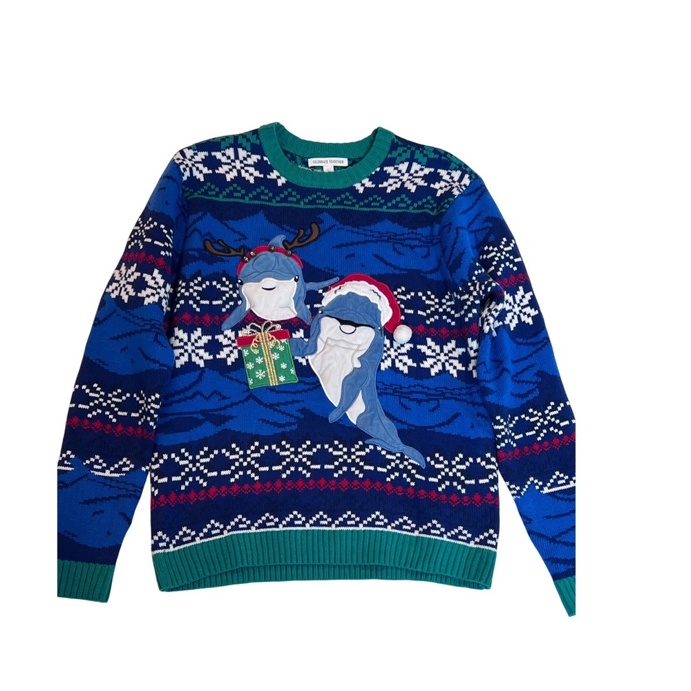 Celebrate Together Mens L Christmas Novelty Shark Sweater Holiday Festive‎